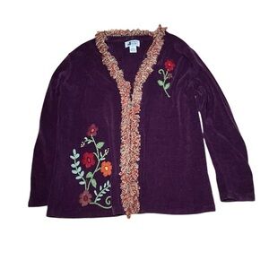 Vintage embroidered‎ cardigan floral purple chenille lagenlook sweater large